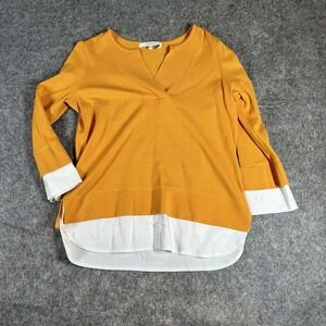 Foxcroft Sweater Womens Small Petite Comtrast Hem Mustard Yellow Career
